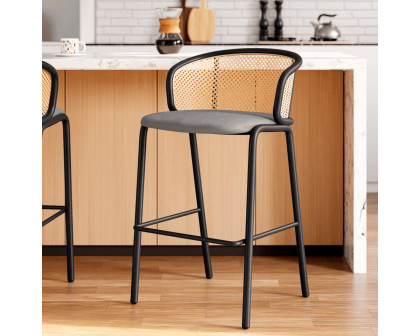 LeisureMod Ervilla Mid-Century Modern Wicker Bar Stool with Fabric Seat and Black Powder Coated Steel Frame - Gray