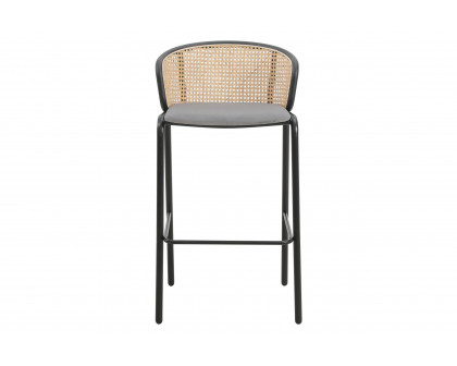 LeisureMod Ervilla Mid-Century Modern Wicker Bar Stool with Fabric Seat and Black Powder Coated Steel Frame - Gray