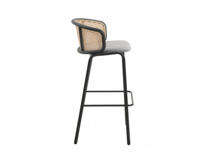 LeisureMod Ervilla Mid-Century Modern Wicker Bar Stool with Fabric Seat and Black Powder Coated Steel Frame - Gray