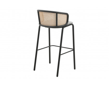 LeisureMod Ervilla Mid-Century Modern Wicker Bar Stool with Fabric Seat and Black Powder Coated Steel Frame - Gray