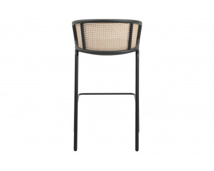 LeisureMod Ervilla Mid-Century Modern Wicker Bar Stool with Fabric Seat and Black Powder Coated Steel Frame - Gray