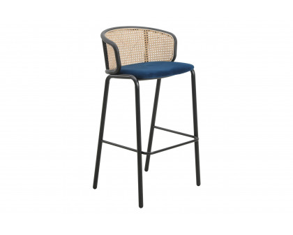 LeisureMod Ervilla Mid-Century Modern Wicker Bar Stool with Fabric Seat and Black Powder Coated Steel Frame