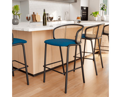 LeisureMod Ervilla Mid-Century Modern Wicker Bar Stool with Fabric Seat and Black Powder Coated Steel Frame - Navy Blue