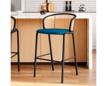 LeisureMod Ervilla Mid-Century Modern Wicker Bar Stool with Fabric Seat and Black Powder Coated Steel Frame - Navy Blue