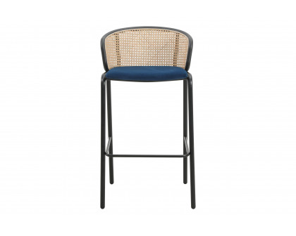 LeisureMod Ervilla Mid-Century Modern Wicker Bar Stool with Fabric Seat and Black Powder Coated Steel Frame - Navy Blue