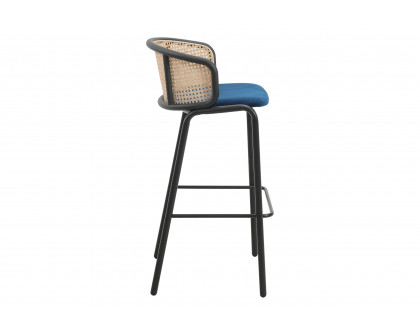 LeisureMod Ervilla Mid-Century Modern Wicker Bar Stool with Fabric Seat and Black Powder Coated Steel Frame - Navy Blue