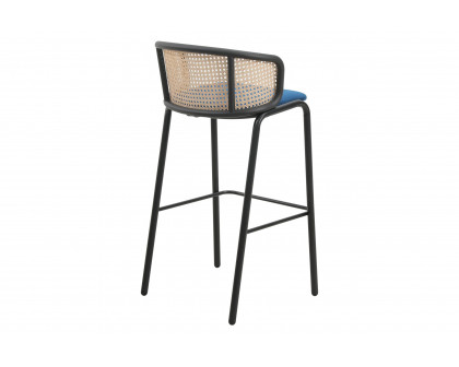 LeisureMod Ervilla Mid-Century Modern Wicker Bar Stool with Fabric Seat and Black Powder Coated Steel Frame - Navy Blue