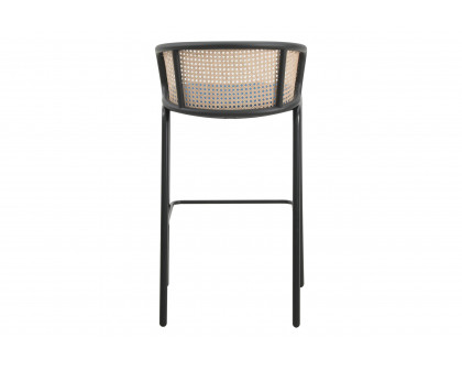 LeisureMod Ervilla Mid-Century Modern Wicker Bar Stool with Fabric Seat and Black Powder Coated Steel Frame - Navy Blue