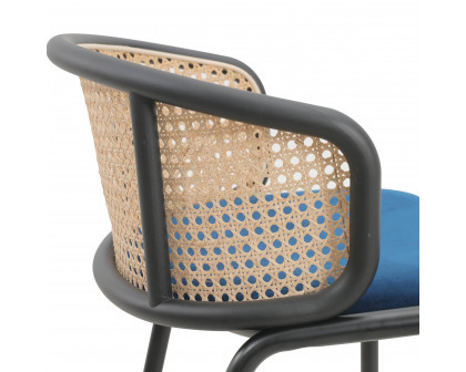 LeisureMod Ervilla Mid-Century Modern Wicker Bar Stool with Fabric Seat and Black Powder Coated Steel Frame - Navy Blue