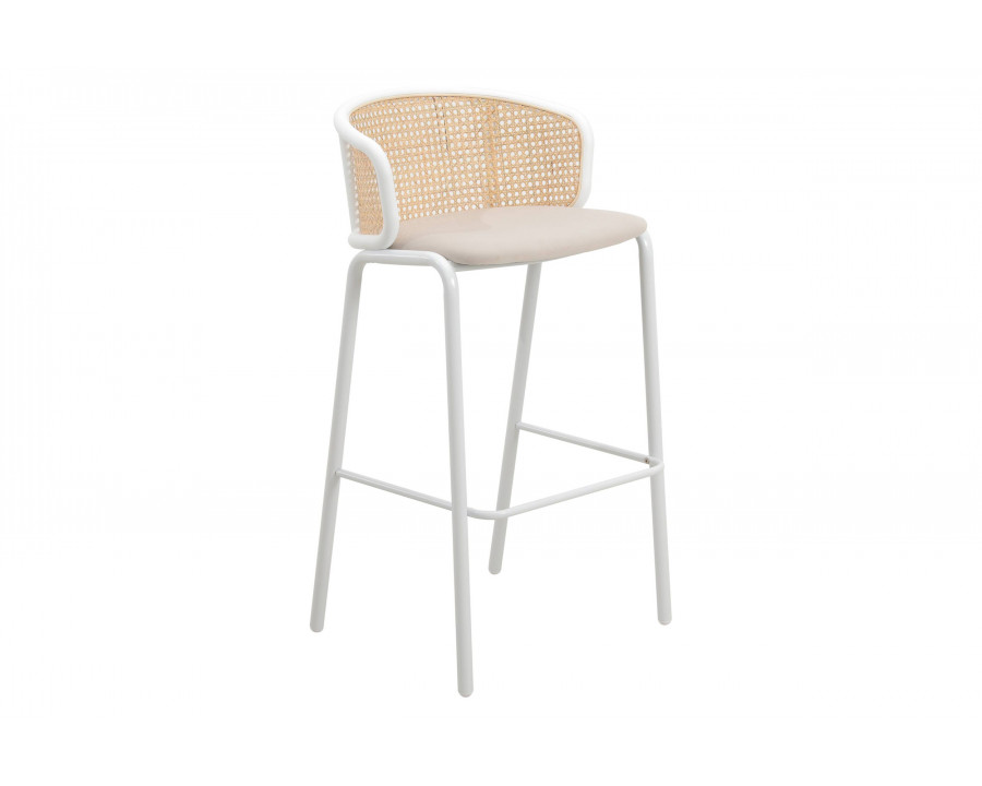 LeisureMod Ervilla Mid-Century Modern Wicker Bar Stool with Fabric Seat and Black Powder Coated Steel Frame