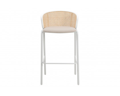 LeisureMod Ervilla Mid-Century Modern Wicker Bar Stool with Fabric Seat and White Powder Coated Steel Frame - Beige