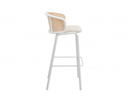 LeisureMod Ervilla Mid-Century Modern Wicker Bar Stool with Fabric Seat and White Powder Coated Steel Frame - Beige