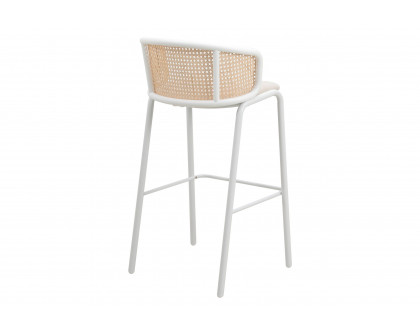 LeisureMod Ervilla Mid-Century Modern Wicker Bar Stool with Fabric Seat and White Powder Coated Steel Frame - Beige