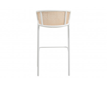 LeisureMod Ervilla Mid-Century Modern Wicker Bar Stool with Fabric Seat and White Powder Coated Steel Frame - Beige