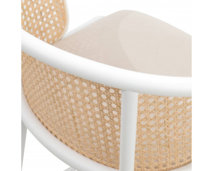 LeisureMod Ervilla Mid-Century Modern Wicker Bar Stool with Fabric Seat and White Powder Coated Steel Frame - Beige