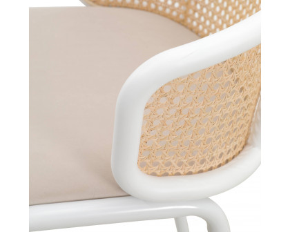 LeisureMod Ervilla Mid-Century Modern Wicker Bar Stool with Fabric Seat and White Powder Coated Steel Frame - Beige