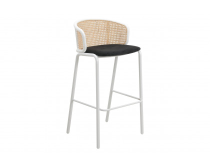 LeisureMod Ervilla Mid-Century Modern Wicker Bar Stool with Fabric Seat and Black Powder Coated Steel Frame