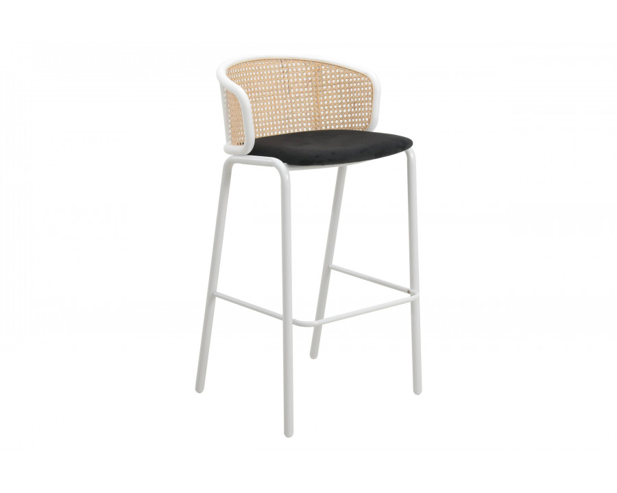 LeisureMod Ervilla Mid-Century Modern Wicker Bar Stool with Fabric Seat and White Powder Coated Steel Frame - Black