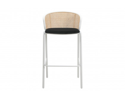 LeisureMod Ervilla Mid-Century Modern Wicker Bar Stool with Fabric Seat and White Powder Coated Steel Frame - Black