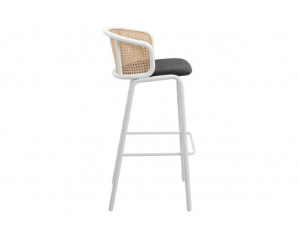 LeisureMod Ervilla Mid-Century Modern Wicker Bar Stool with Fabric Seat and White Powder Coated Steel Frame - Black