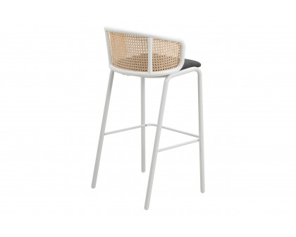 LeisureMod Ervilla Mid-Century Modern Wicker Bar Stool with Fabric Seat and White Powder Coated Steel Frame - Black