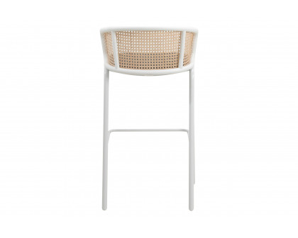 LeisureMod Ervilla Mid-Century Modern Wicker Bar Stool with Fabric Seat and White Powder Coated Steel Frame - Black