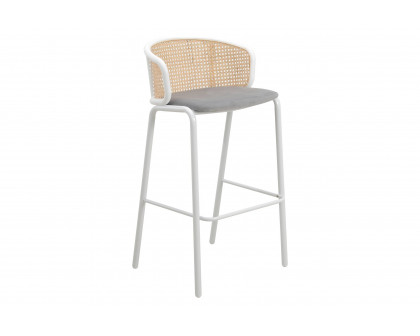 LeisureMod Ervilla Mid-Century Modern Wicker Bar Stool with Fabric Seat and Black Powder Coated Steel Frame