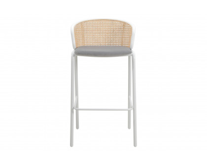 LeisureMod Ervilla Mid-Century Modern Wicker Bar Stool with Fabric Seat and White Powder Coated Steel Frame - Gray