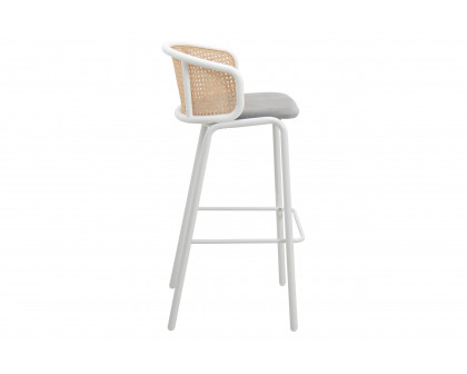 LeisureMod Ervilla Mid-Century Modern Wicker Bar Stool with Fabric Seat and White Powder Coated Steel Frame - Gray