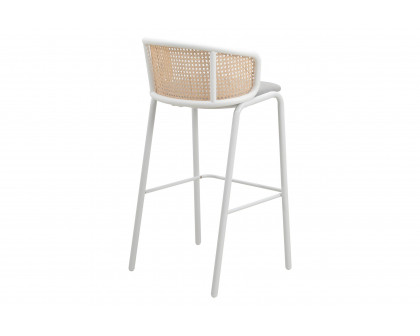 LeisureMod Ervilla Mid-Century Modern Wicker Bar Stool with Fabric Seat and White Powder Coated Steel Frame - Gray