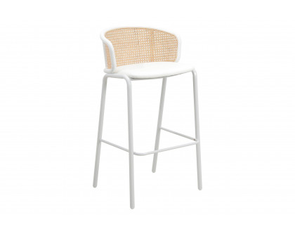 LeisureMod Ervilla Mid-Century Modern Wicker Bar Stool with Fabric Seat and Black Powder Coated Steel Frame