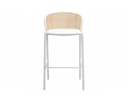 LeisureMod Ervilla Mid-Century Modern Wicker Bar Stool with Fabric Seat and White Powder Coated Steel Frame - White