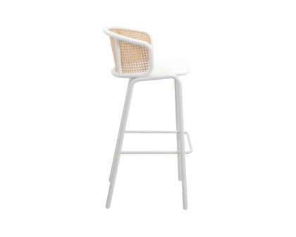 LeisureMod Ervilla Mid-Century Modern Wicker Bar Stool with Fabric Seat and White Powder Coated Steel Frame - White