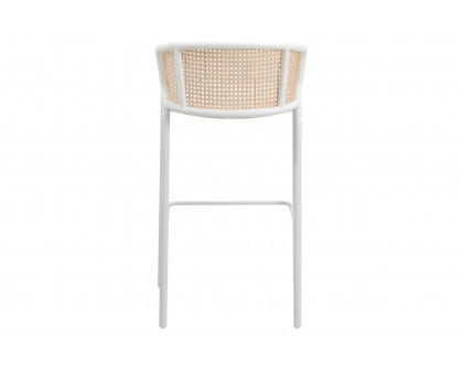 LeisureMod Ervilla Mid-Century Modern Wicker Bar Stool with Fabric Seat and White Powder Coated Steel Frame - White