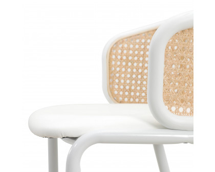 LeisureMod Ervilla Mid-Century Modern Wicker Bar Stool with Fabric Seat and White Powder Coated Steel Frame - White