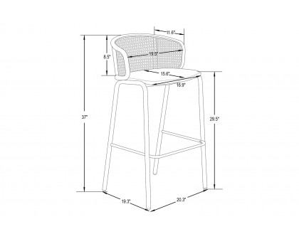 LeisureMod Ervilla Mid-Century Modern Wicker Bar Stool with Fabric Seat and White Powder Coated Steel Frame - White