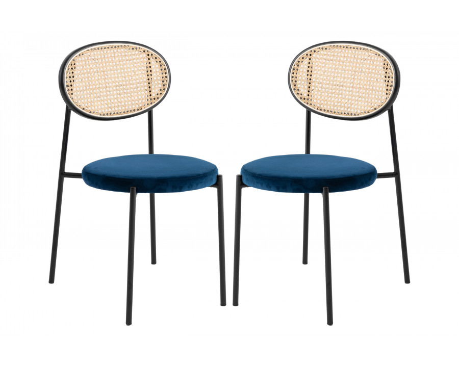 LeisureMod Euston Modern Wicker Dining Chair With Velvet Round Seat (Set Of 2) - Navy Blue