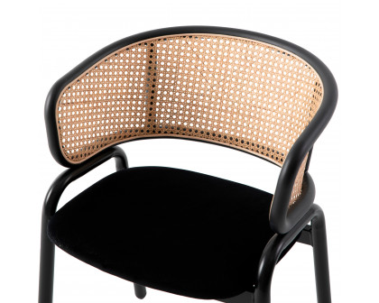 LeisureMod Ervilla Modern Dining Chair With Stainless Steel Legs Velvet Seat And Wicker Back - Black