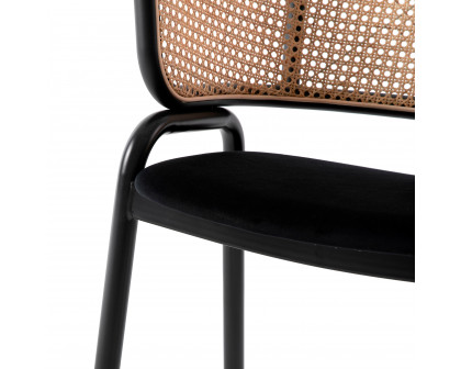 LeisureMod Ervilla Modern Dining Chair With Stainless Steel Legs Velvet Seat And Wicker Back - Black