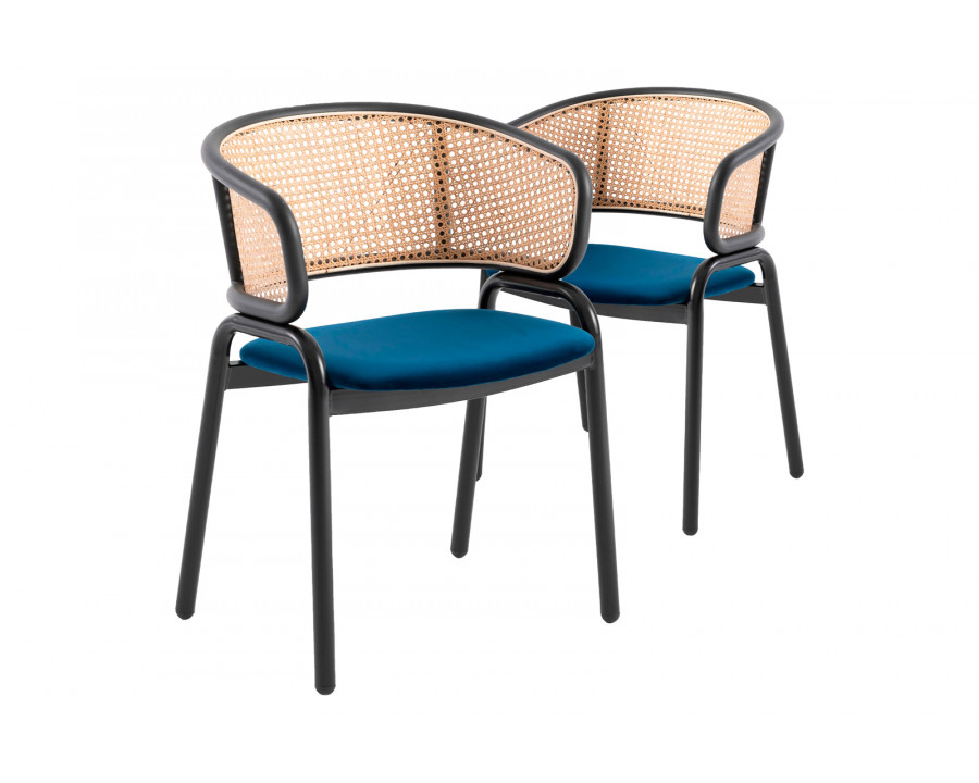 LeisureMod Ervilla Modern Dining Chair With Stainless Steel Legs Velvet Seat And Wicker Back (Set Of 2) - Navy Blue