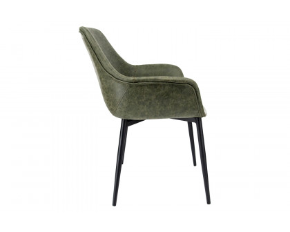 LeisureMod Markley Modern Leather Dining Arm Chair with Black Metal Legs - Olive Green