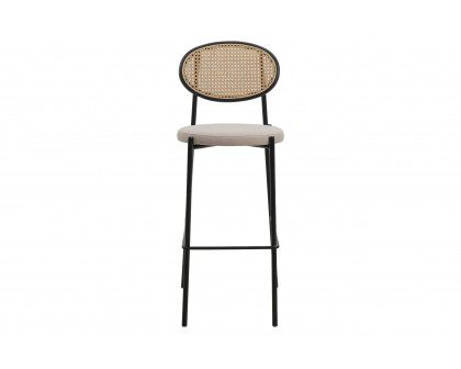 LeisureMod Euston Mid-Century Modern Wicker Bar Stool with Black Powder Coated Steel Frame and Footrest - Beige