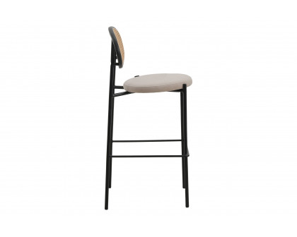 LeisureMod Euston Mid-Century Modern Wicker Bar Stool with Black Powder Coated Steel Frame and Footrest - Beige