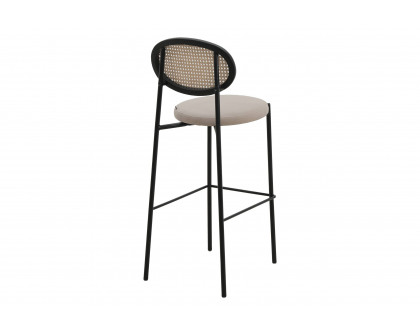 LeisureMod Euston Mid-Century Modern Wicker Bar Stool with Black Powder Coated Steel Frame and Footrest - Beige