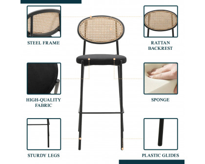 LeisureMod Euston Mid-Century Modern Wicker Bar Stool with Black Powder Coated Steel Frame and Footrest - Black