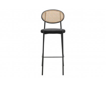 LeisureMod Euston Mid-Century Modern Wicker Bar Stool with Black Powder Coated Steel Frame and Footrest - Black