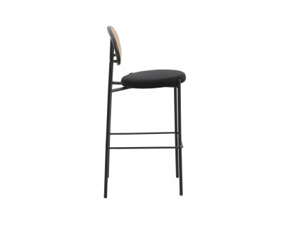 LeisureMod Euston Mid-Century Modern Wicker Bar Stool with Black Powder Coated Steel Frame and Footrest - Black