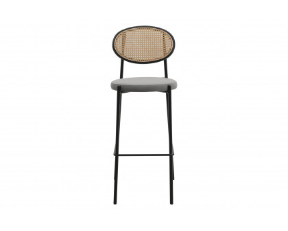 LeisureMod Euston Mid-Century Modern Wicker Bar Stool with Black Powder Coated Steel Frame and Footrest - Gray