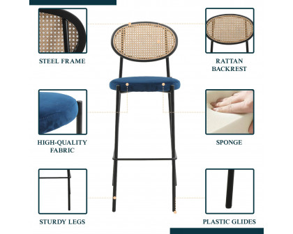 LeisureMod Euston Mid-Century Modern Wicker Bar Stool with Black Powder Coated Steel Frame and Footrest - Navy Blue