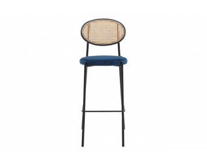 LeisureMod Euston Mid-Century Modern Wicker Bar Stool with Black Powder Coated Steel Frame and Footrest - Navy Blue